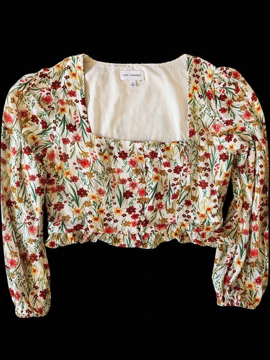Lost + Wander Tops - Lost + Wander Cotton White Floral Square-Neck Puff Sleeve Crop Top